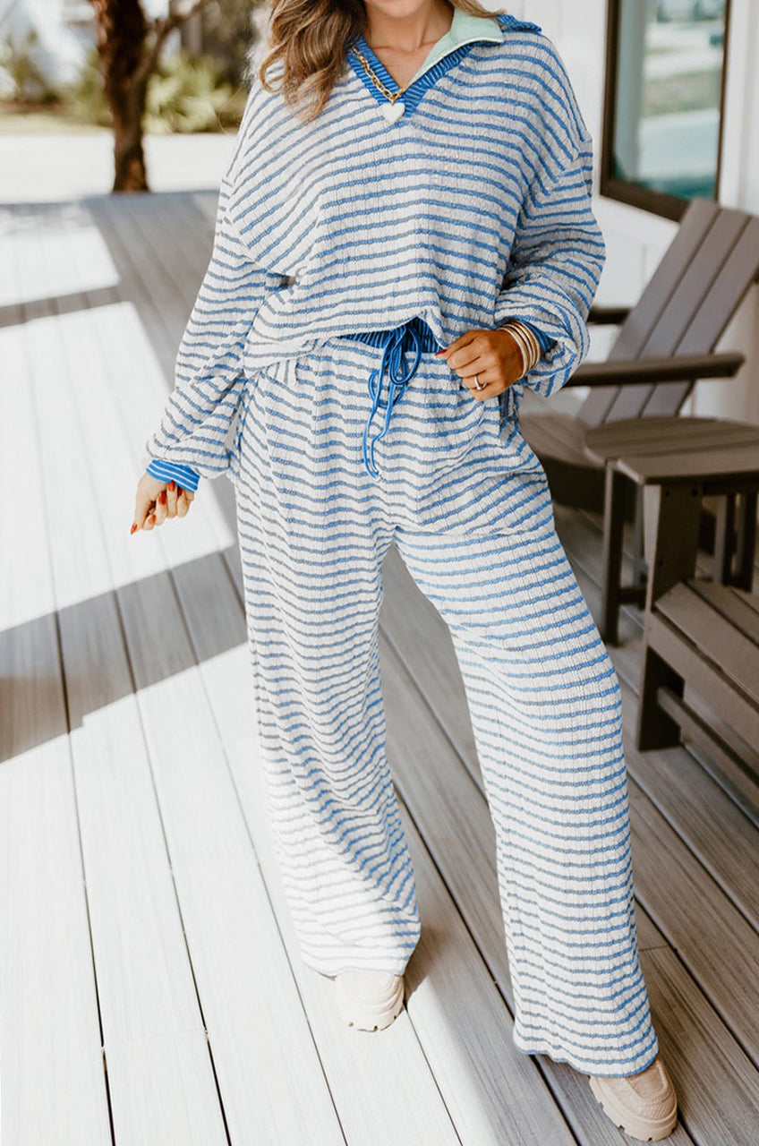 White Stripe Collared Pullover Top and Drawstring Pant Set