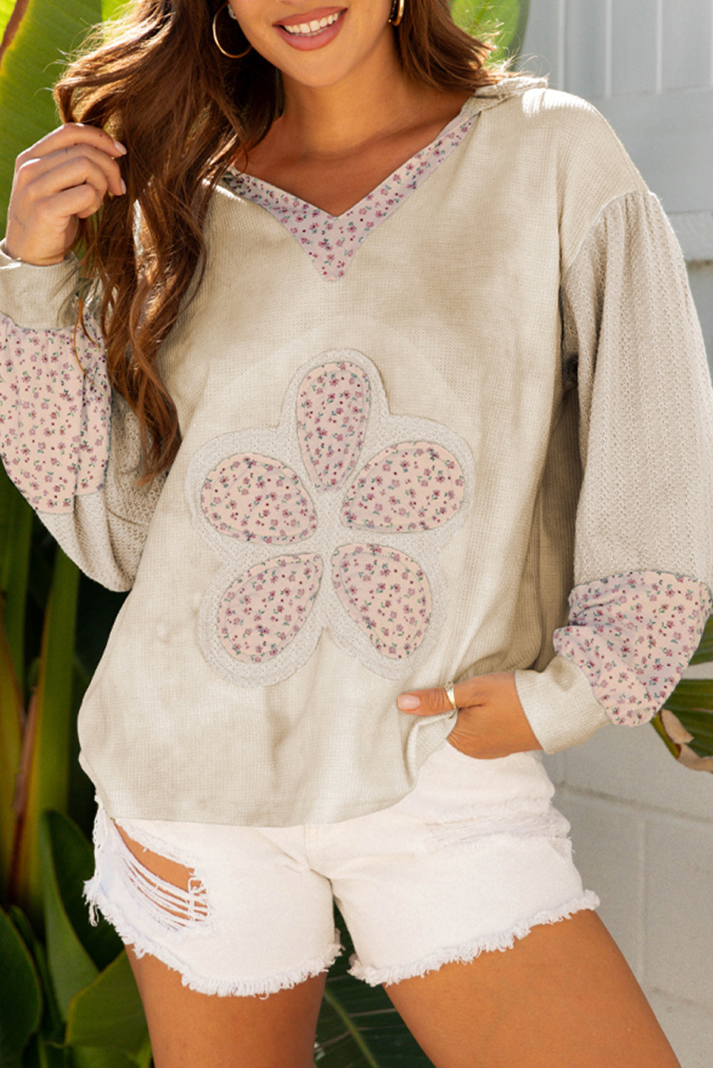 Floral Patched Waffle Textured Colorblock V Neck Casual Hooded Top