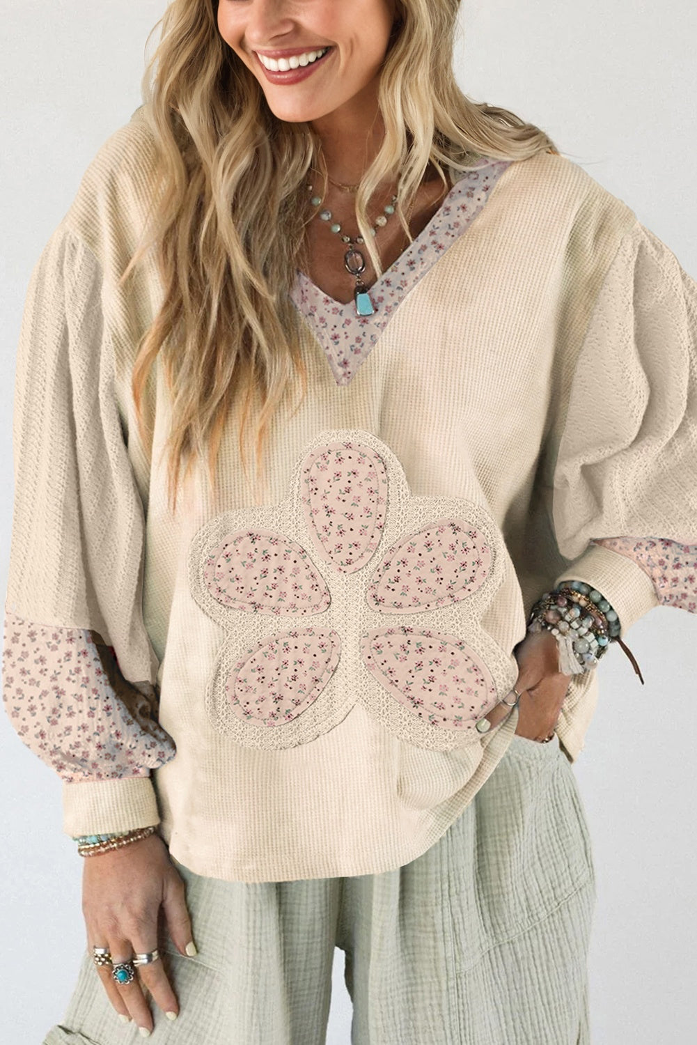 Floral Patched Waffle Textured Colorblock V Neck Casual Hooded Top