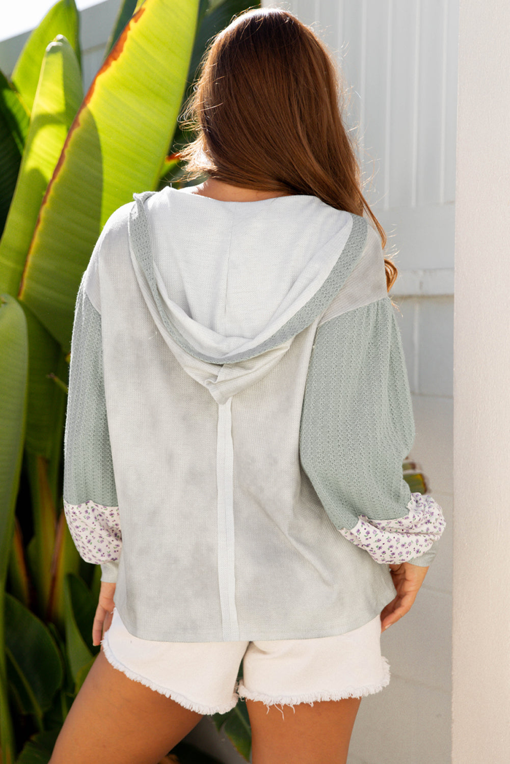 Floral Patched Waffle Textured Colorblock V Neck Casual Hooded Top