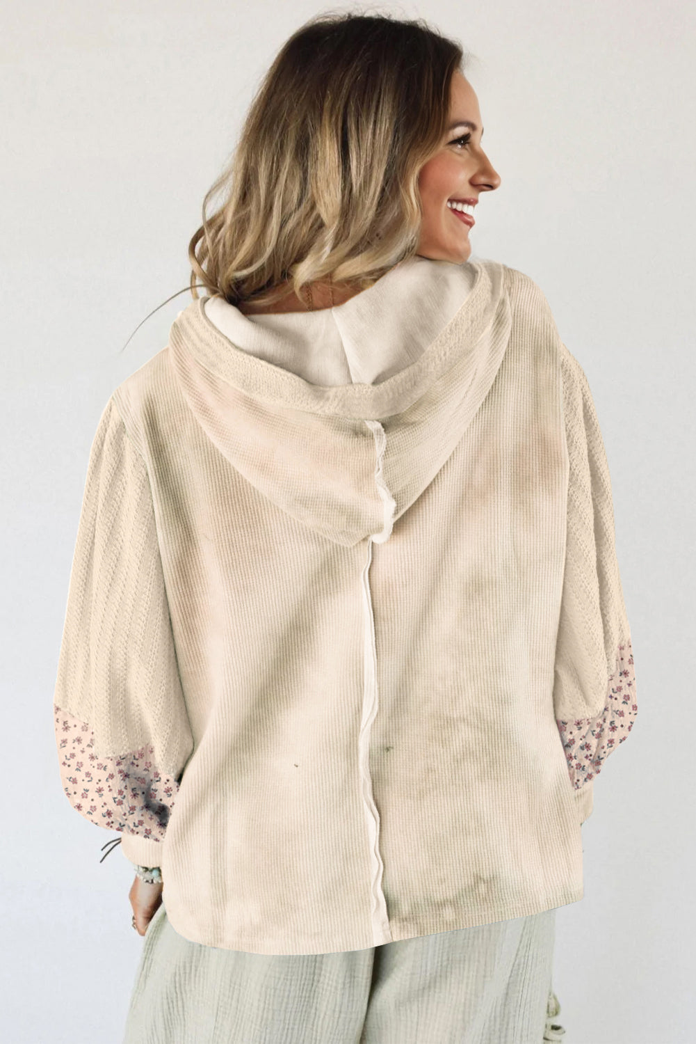Floral Patched Waffle Textured Colorblock V Neck Casual Hooded Top