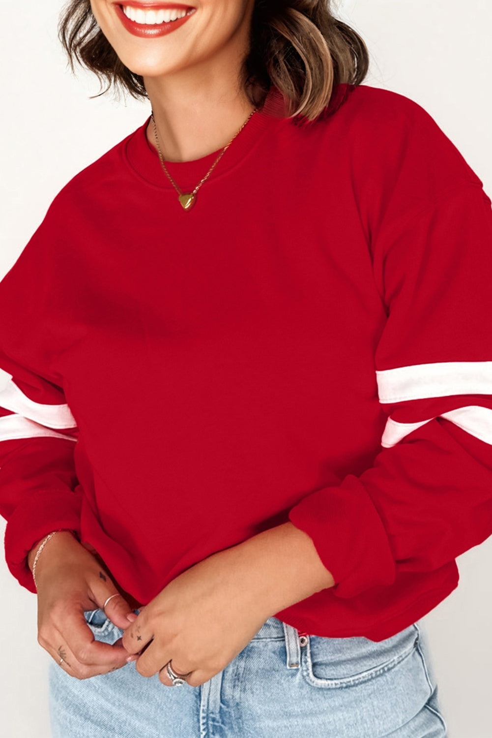 Fiery Red Varsity Striped Detail Crew Neck Plus Sweatshirt