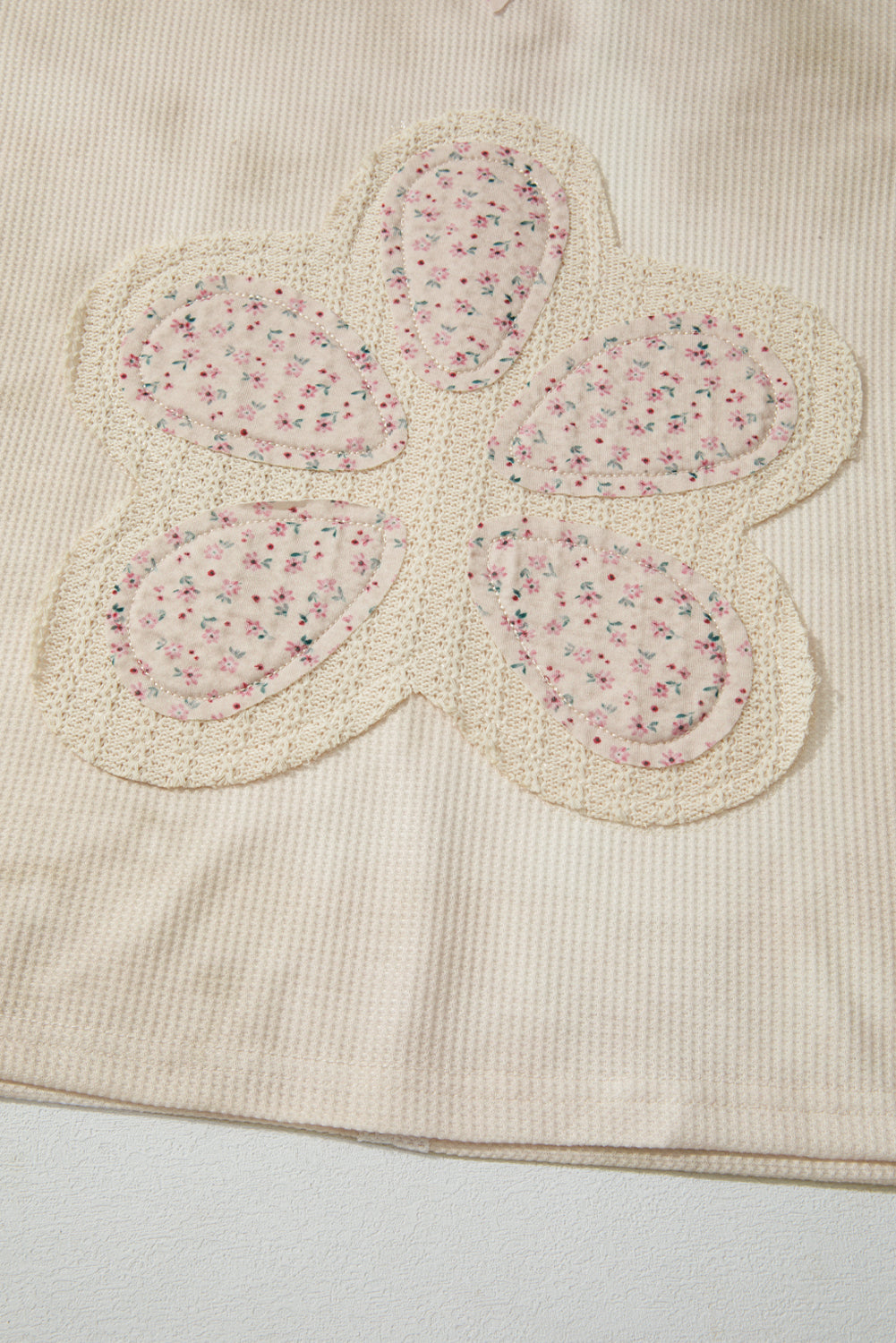 Floral Patched Waffle Textured Colorblock V Neck Casual Hooded Top