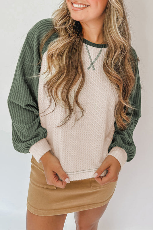 Mist Green Waffle Color Block Raglan Sleeve Top