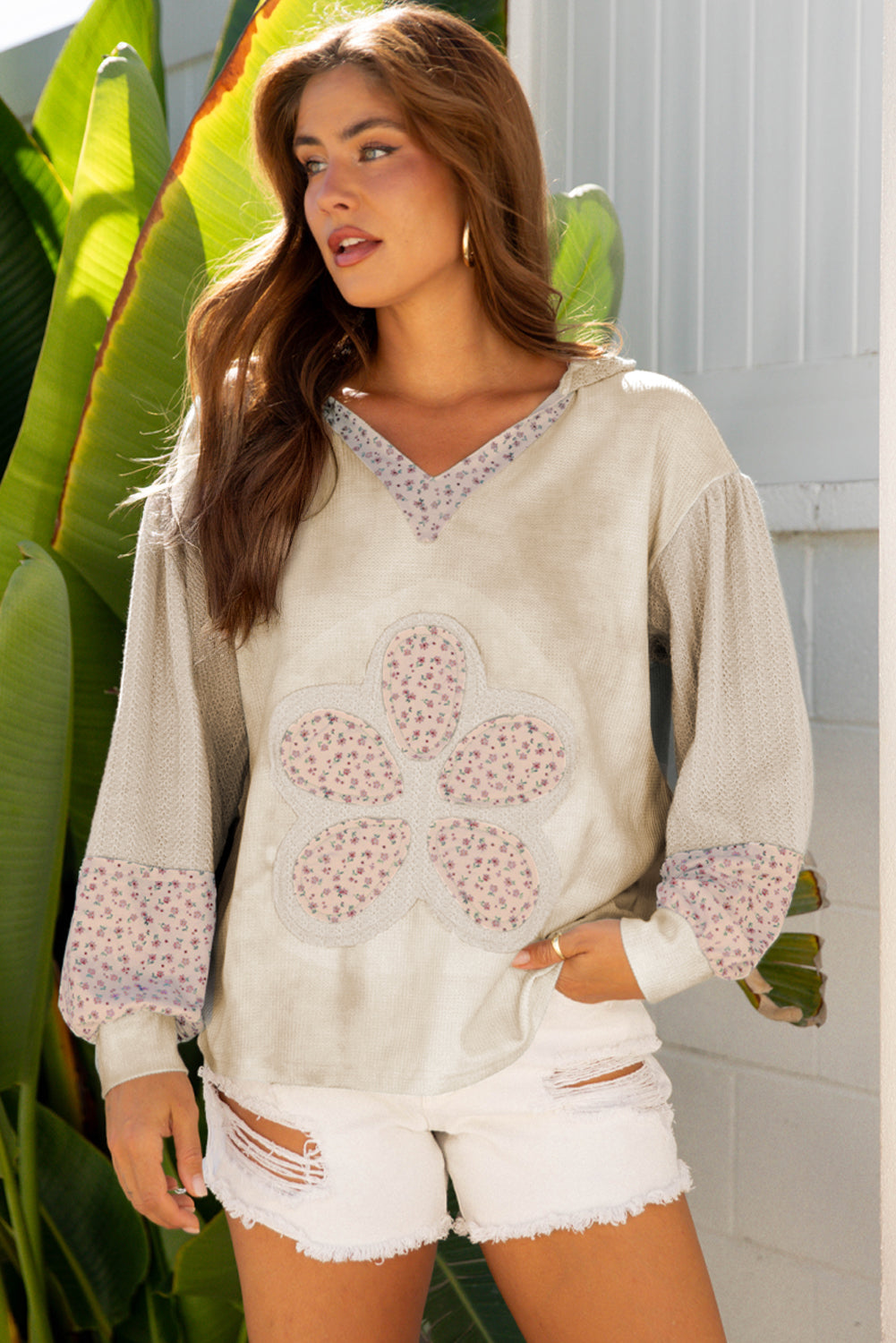 Floral Patched Waffle Textured Colorblock V Neck Casual Hooded Top