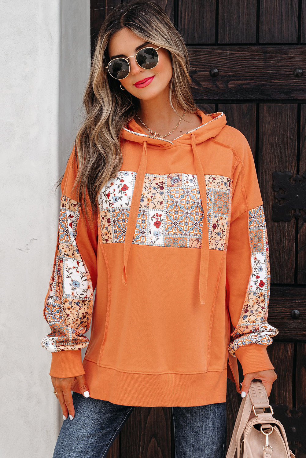 Delicacy Mix Floral Patchwork Side Slit Drawstring Hoodie