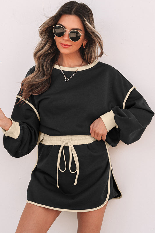 Color Contrast Loose Pullover and Lace-up Waist Skort Set