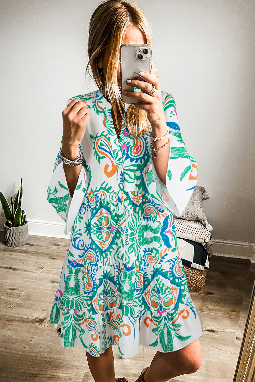 White Printed Tribal Bracelet Sleeve Buttoned Mini Dress