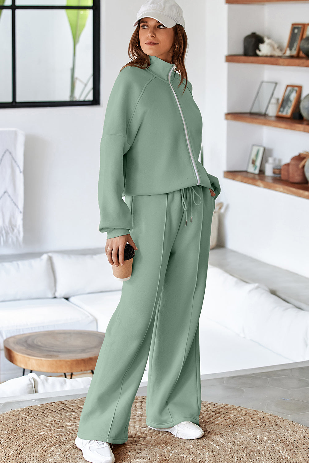 Light Grey Drop Shoulder Zip Up Jacket Drawstring Pants Active 2pcs Set
