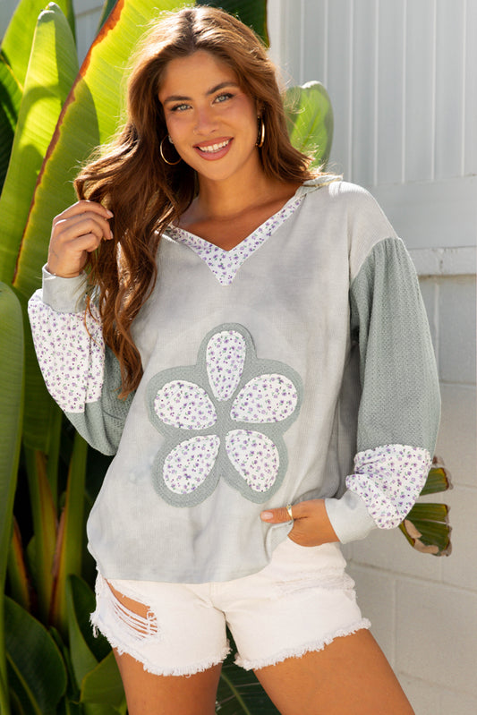 Floral Patched Waffle Textured Colorblock V Neck Casual Hooded Top