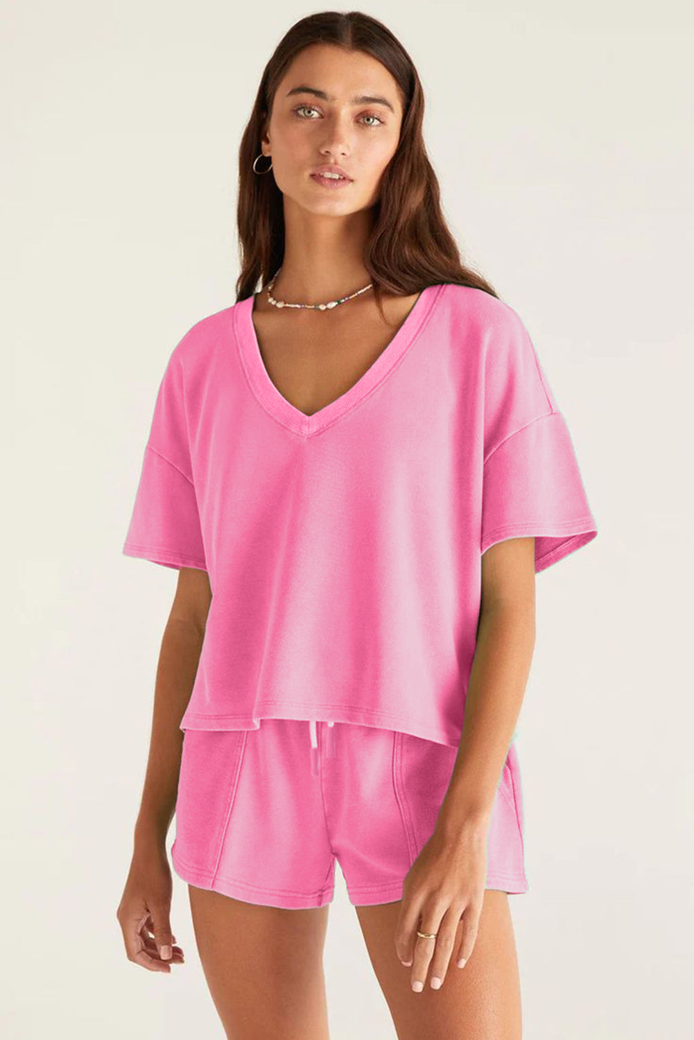 Mint Green V Neck Drop Shoulder Tee and Patchwork Drawstring Elastic Waistband Shorts Set