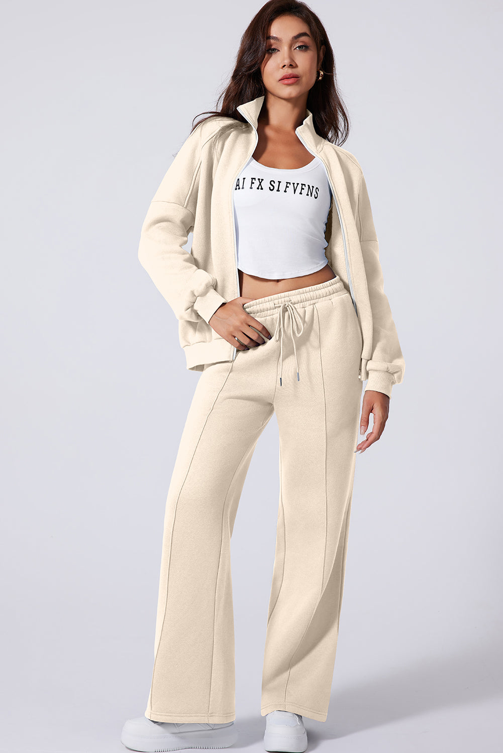 Light Grey Drop Shoulder Zip Up Jacket Drawstring Pants Active 2pcs Set