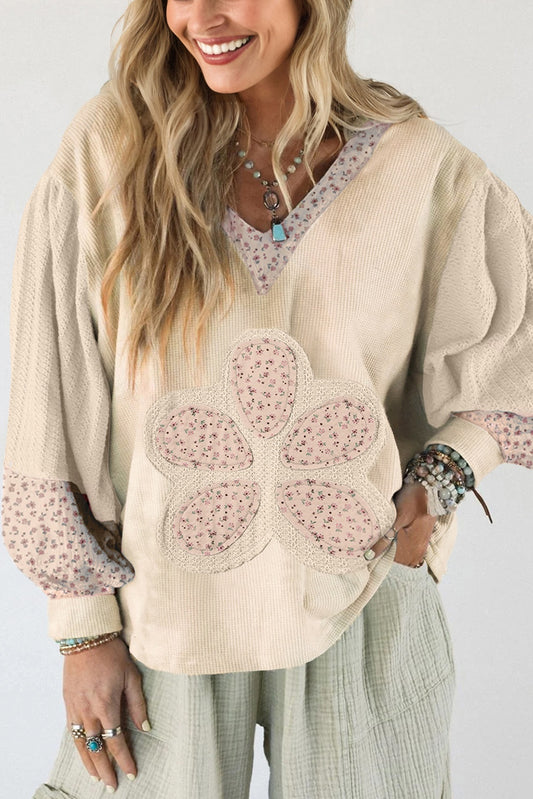 Floral Patched Waffle Textured Colorblock V Neck Casual Hooded Top