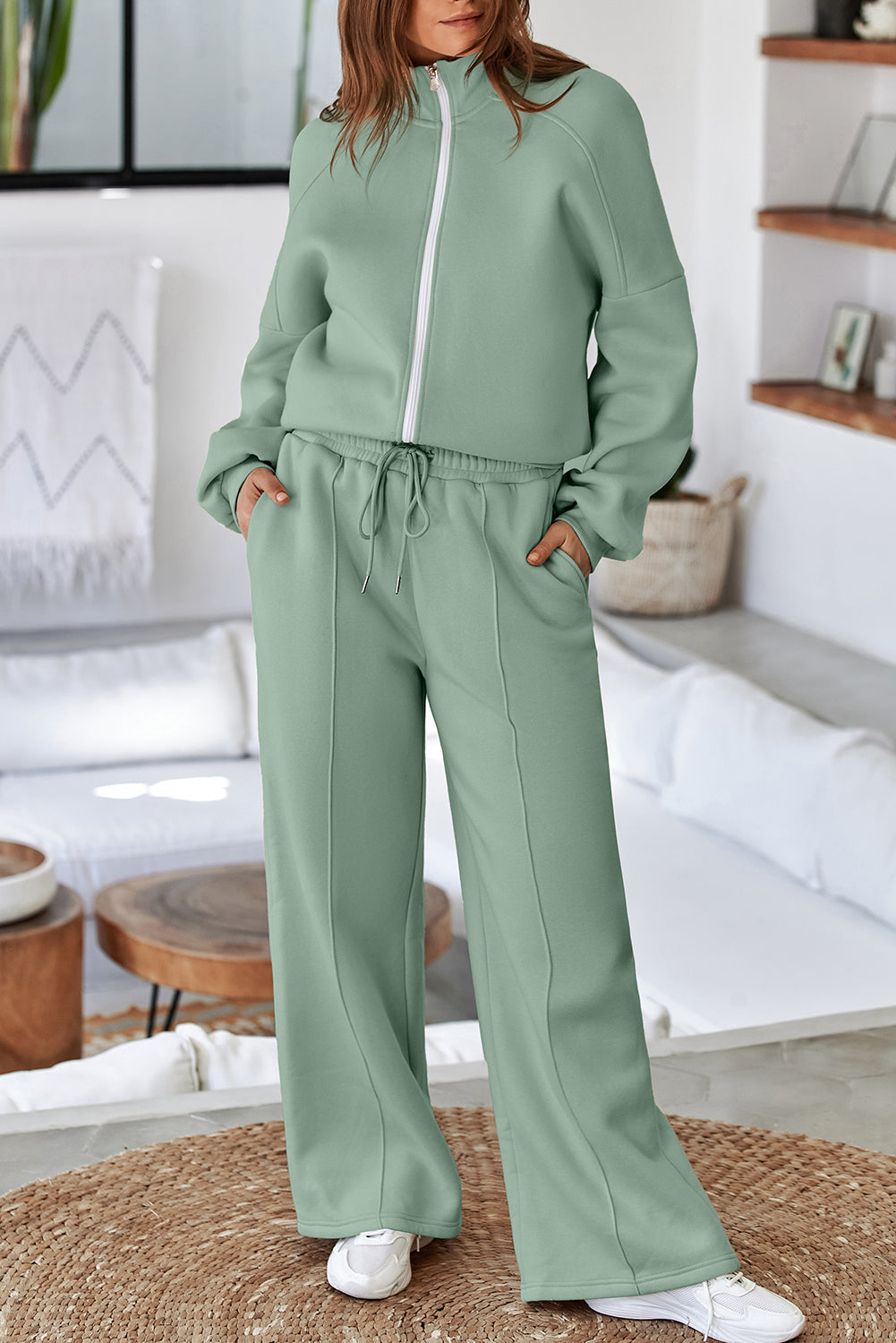 Light Grey Drop Shoulder Zip Up Jacket Drawstring Pants Active 2pcs Set