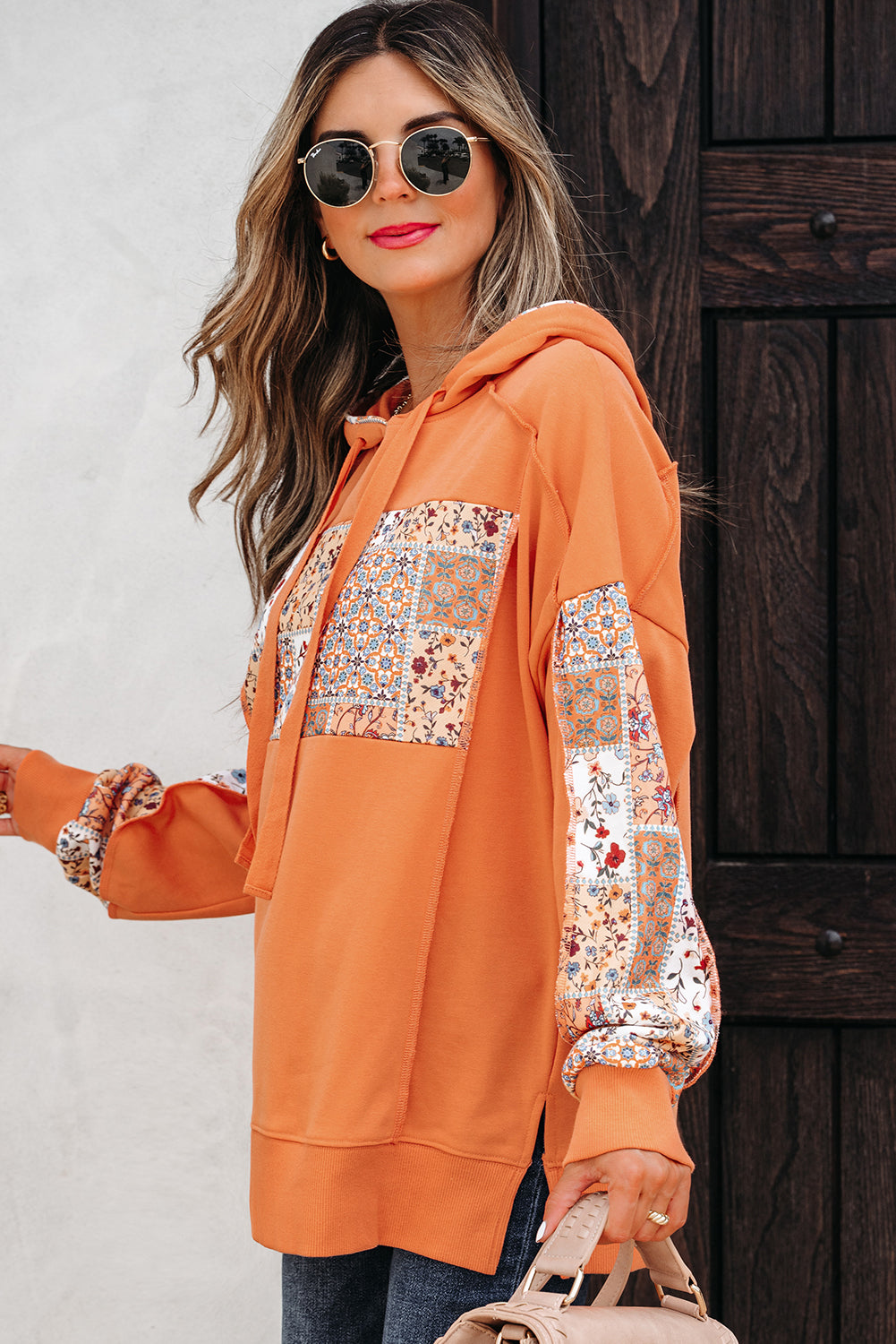 Delicacy Mix Floral Patchwork Side Slit Drawstring Hoodie