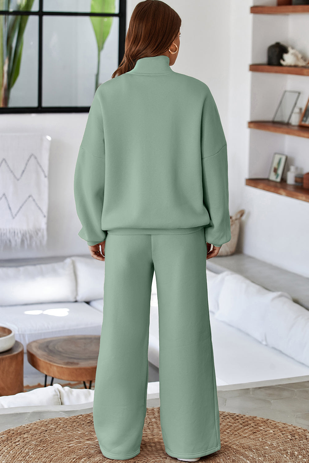 Light Grey Drop Shoulder Zip Up Jacket Drawstring Pants Active 2pcs Set