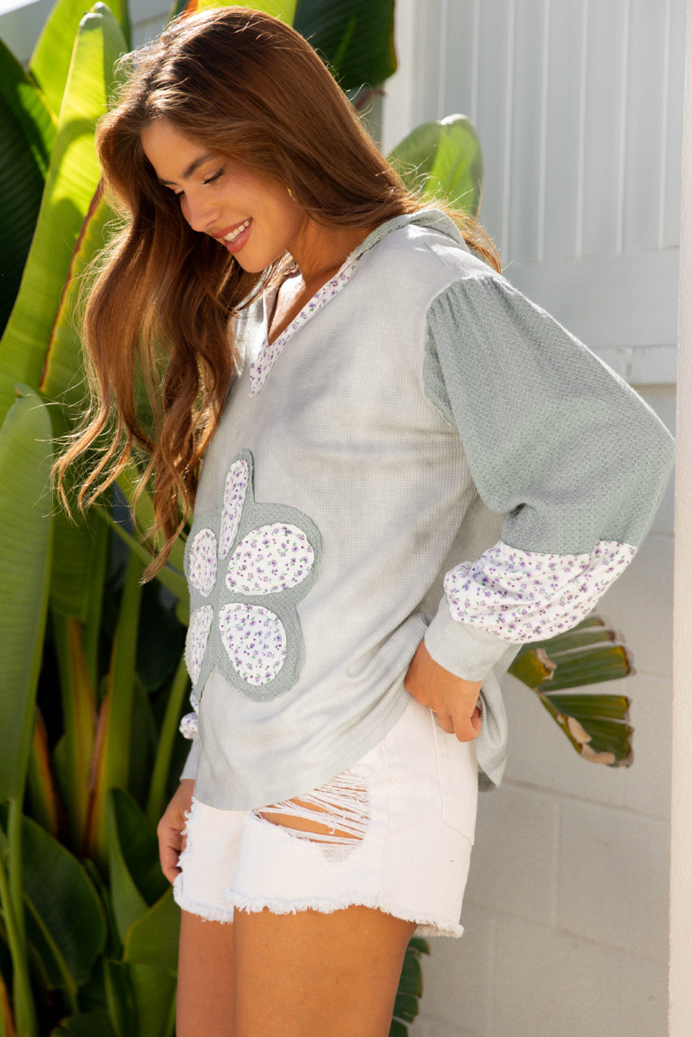 Floral Patched Waffle Textured Colorblock V Neck Casual Hooded Top