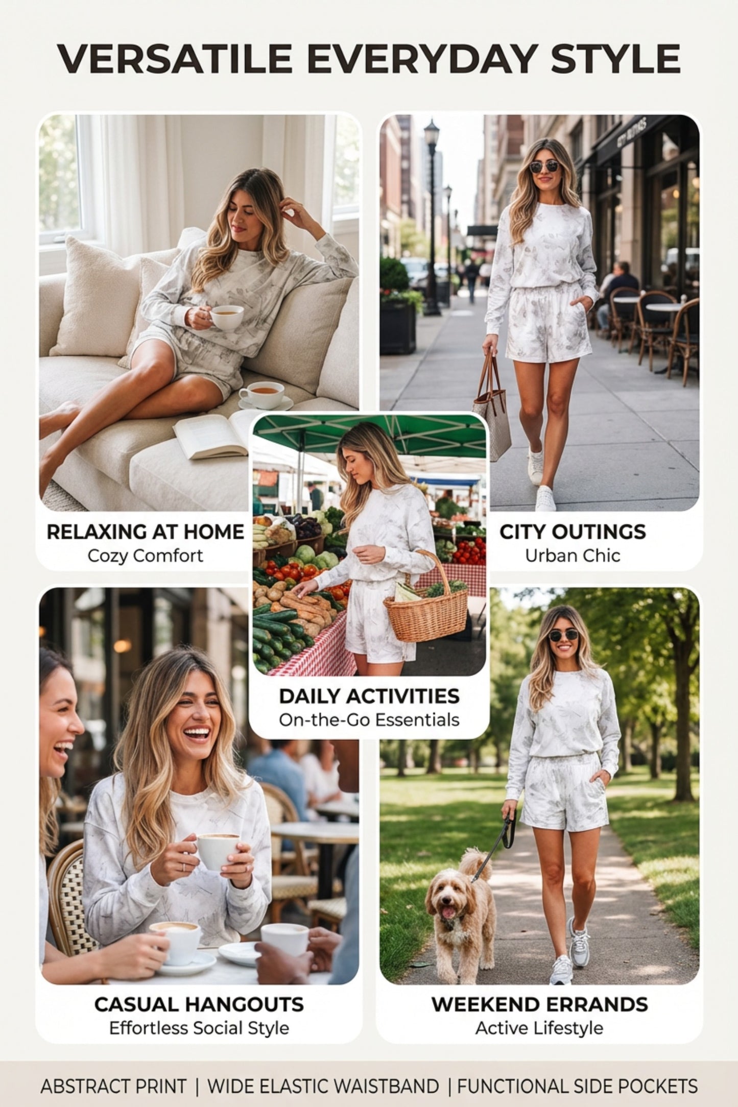 Beige Camo Print Pullover Top and Elastic Waist Casual Short Set