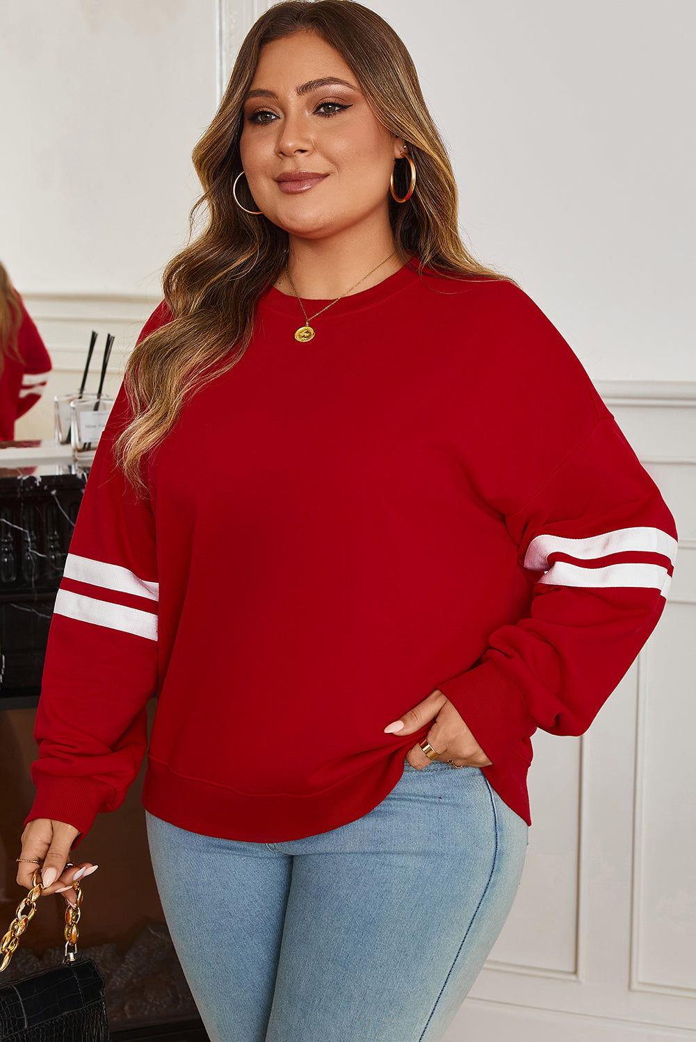 Fiery Red Varsity Striped Detail Crew Neck Plus Sweatshirt
