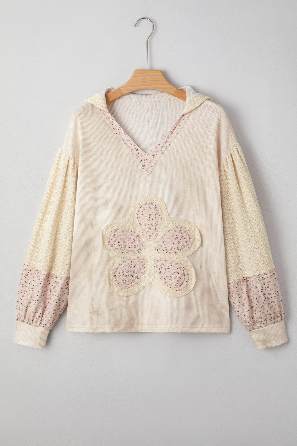 Floral Patched Waffle Textured Colorblock V Neck Casual Hooded Top
