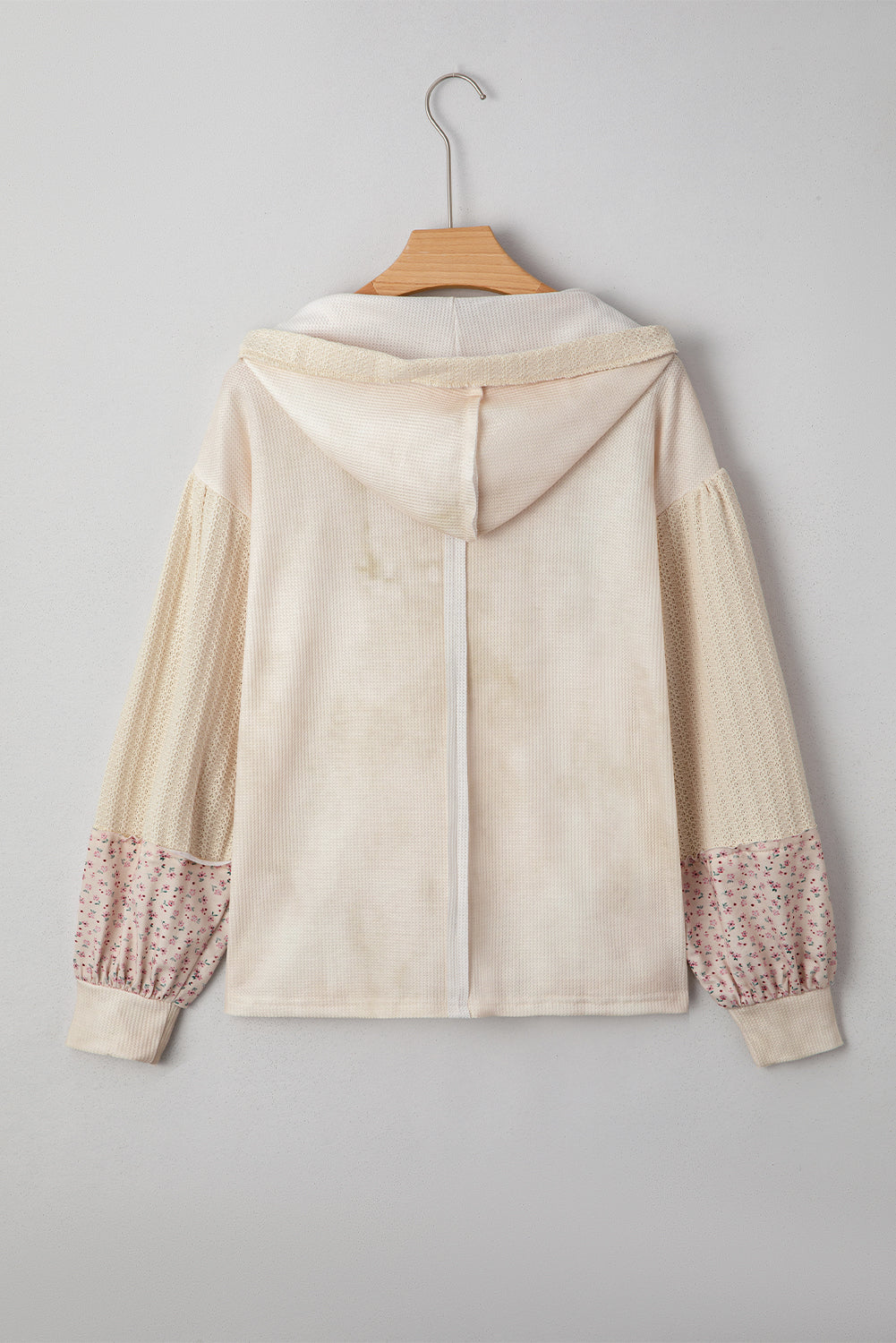 Floral Patched Waffle Textured Colorblock V Neck Casual Hooded Top