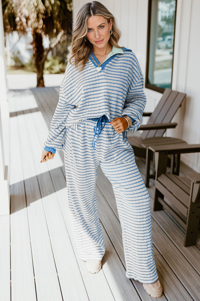 White Stripe Collared Pullover Top and Drawstring Pant Set