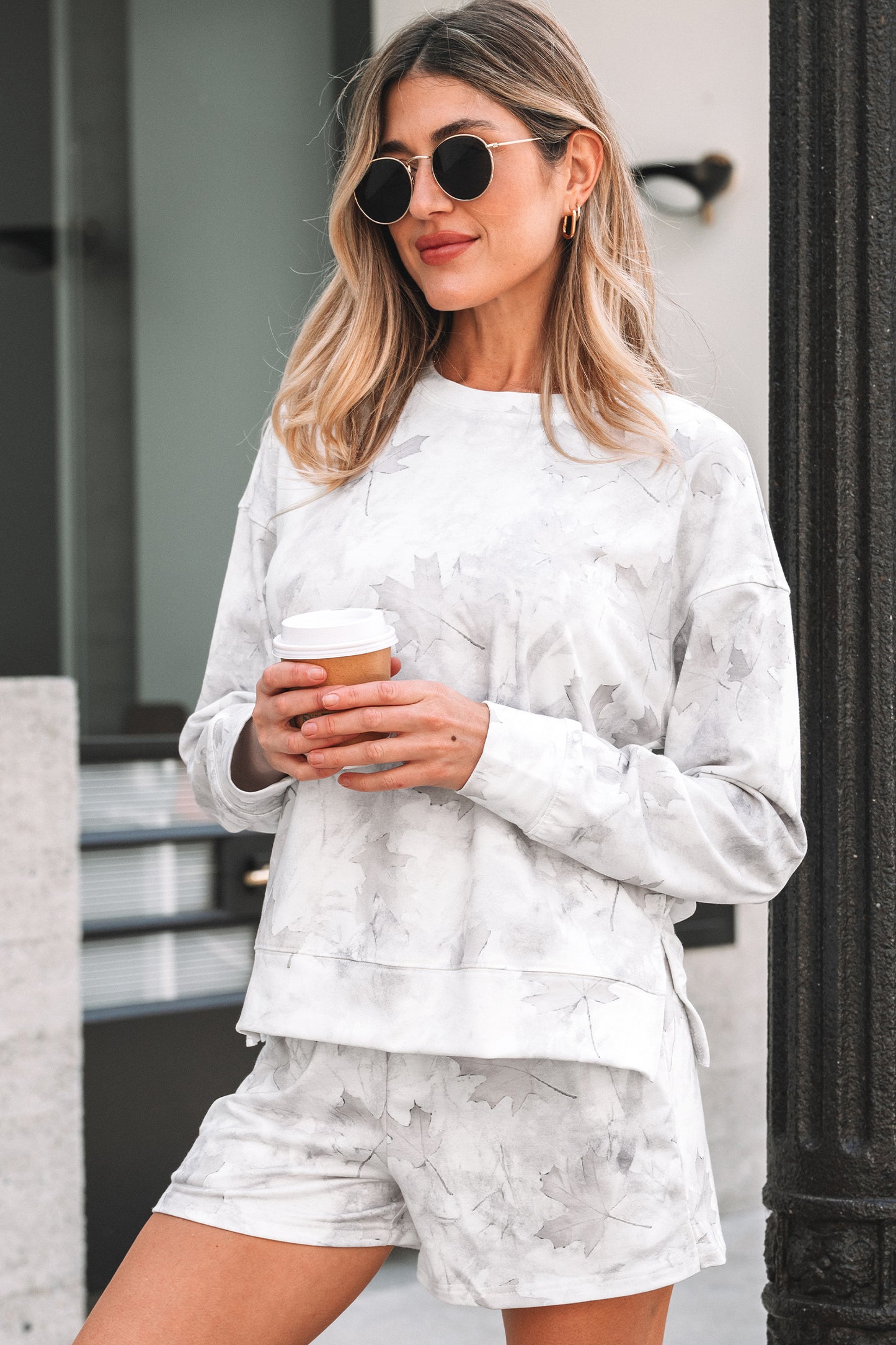 Beige Camo Print Pullover Top and Elastic Waist Casual Short Set