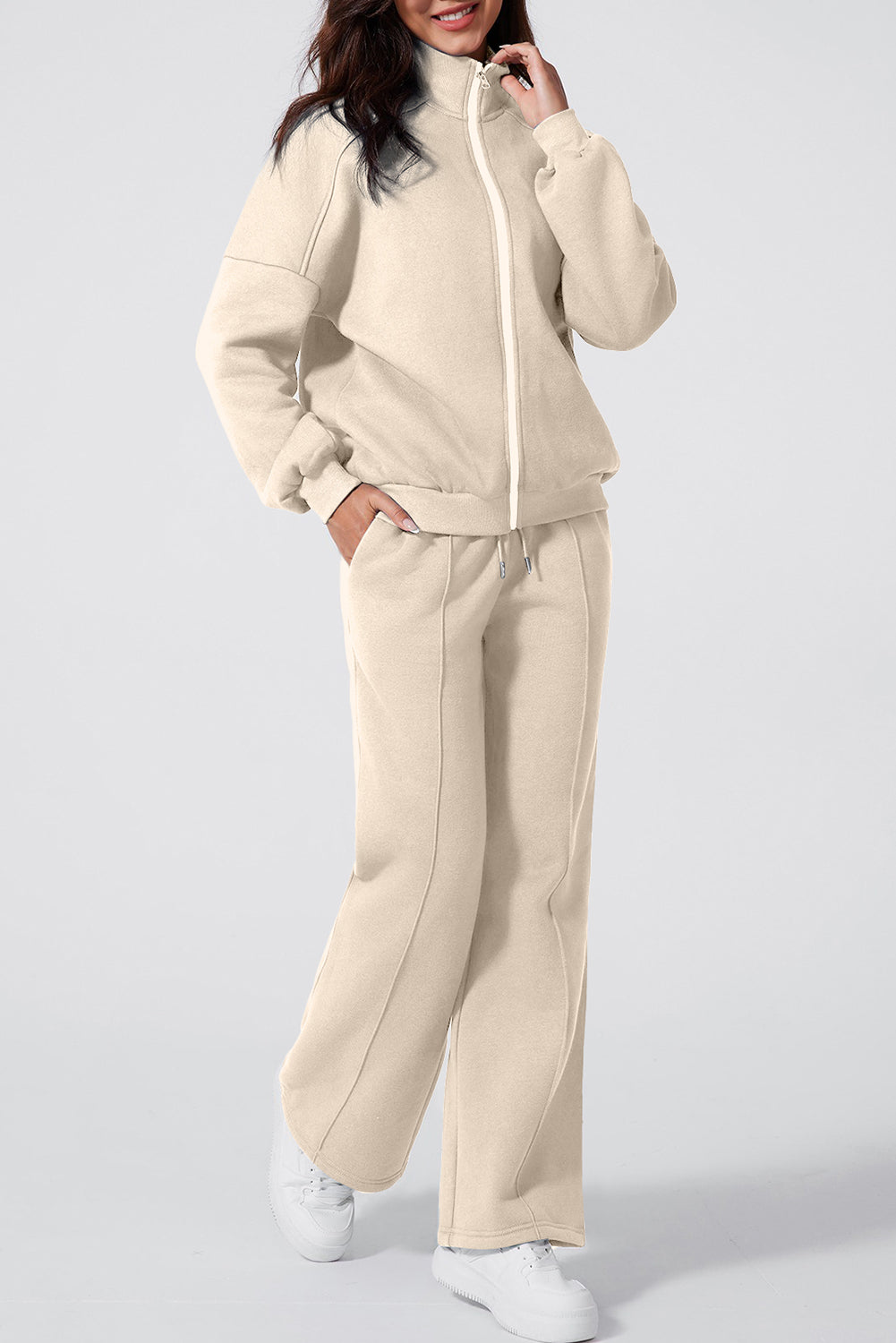 Light Grey Drop Shoulder Zip Up Jacket Drawstring Pants Active 2pcs Set