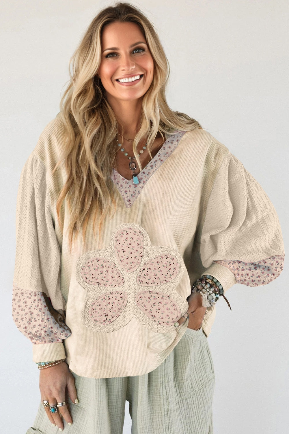 Floral Patched Waffle Textured Colorblock V Neck Casual Hooded Top