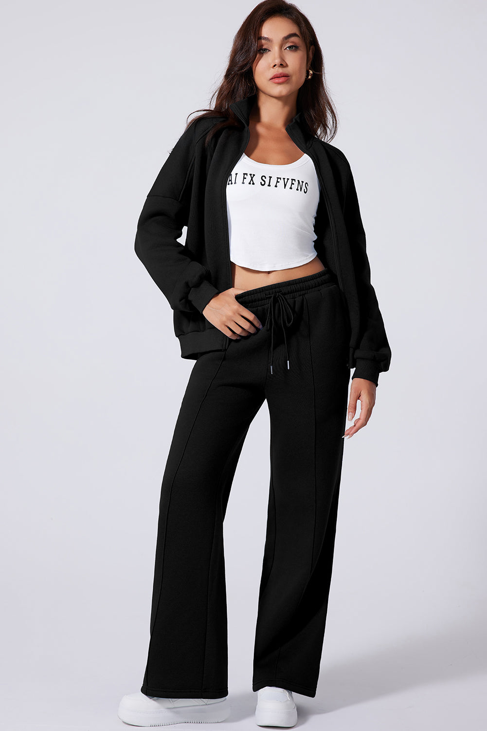 Light Grey Drop Shoulder Zip Up Jacket Drawstring Pants Active 2pcs Set